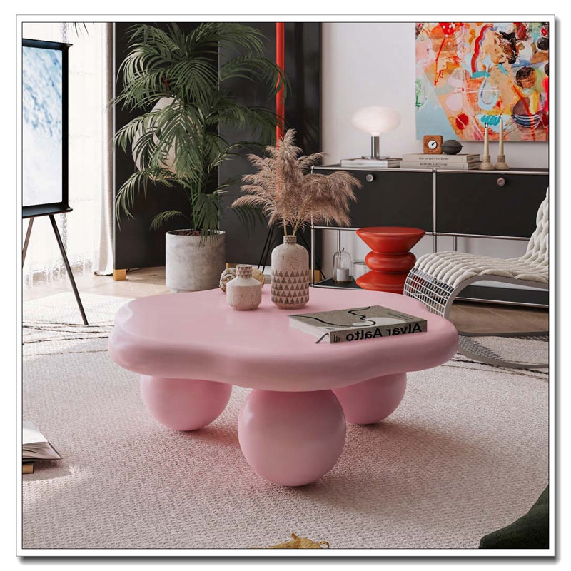 Table basse 35 "en forme de nuage, table basse minimaliste moderne en forme de pétale avec pieds sphériques, Rose