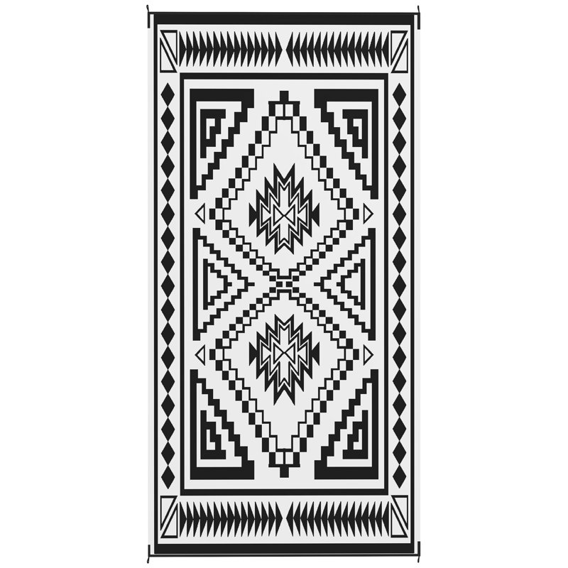 Tapis d'extérieur réversible, polypropylène, L 215,7 po x l 107,9 po, 1 pièce, patchwork carré noir et blanc, avec sac de transport