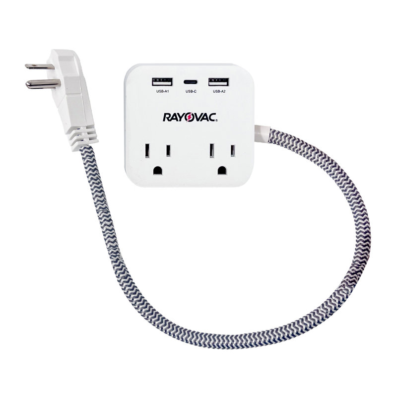 RAYOVAC® 2-AC Outlet & 3-USB Port Surge Protector Power Strip With Right-Angle Plug, 1.5-Ft, White