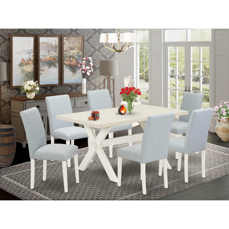 Ensemble de salle à manger en bois d'hévéa Drage, H 30 po x l 60 po x P 36 po, 7 pièces : table, 6 chaises, Bleu pastel