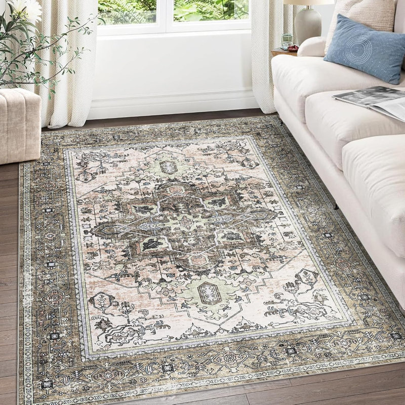 6X9 Washable Area Rug with Non-Slip Backing, Low-Pile Vintage Large Rug for Living Room Dining Room Bedroom, Low-Profile Indoor Carpet in Grey