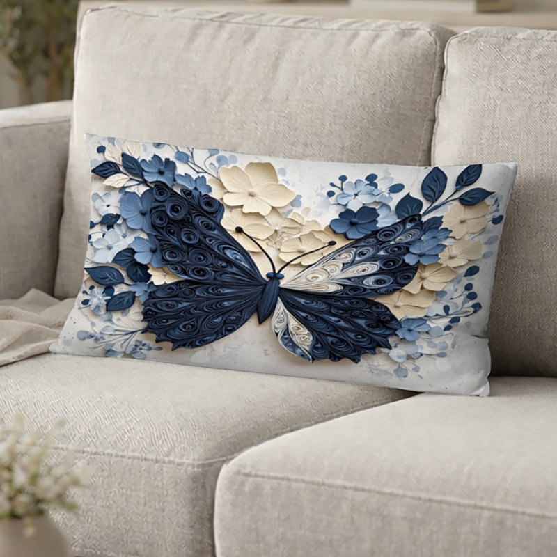 Blue And White Butterfly In Bloom Decorative Accent Pillow - Animals Printed Throw Pillow, 12"H x 20"W