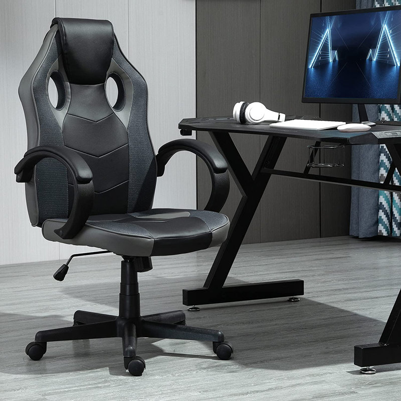 Inbox Zero Adjustable Ergonomic Faux Leather Swiveling PC & Racing Game Chair, Grey