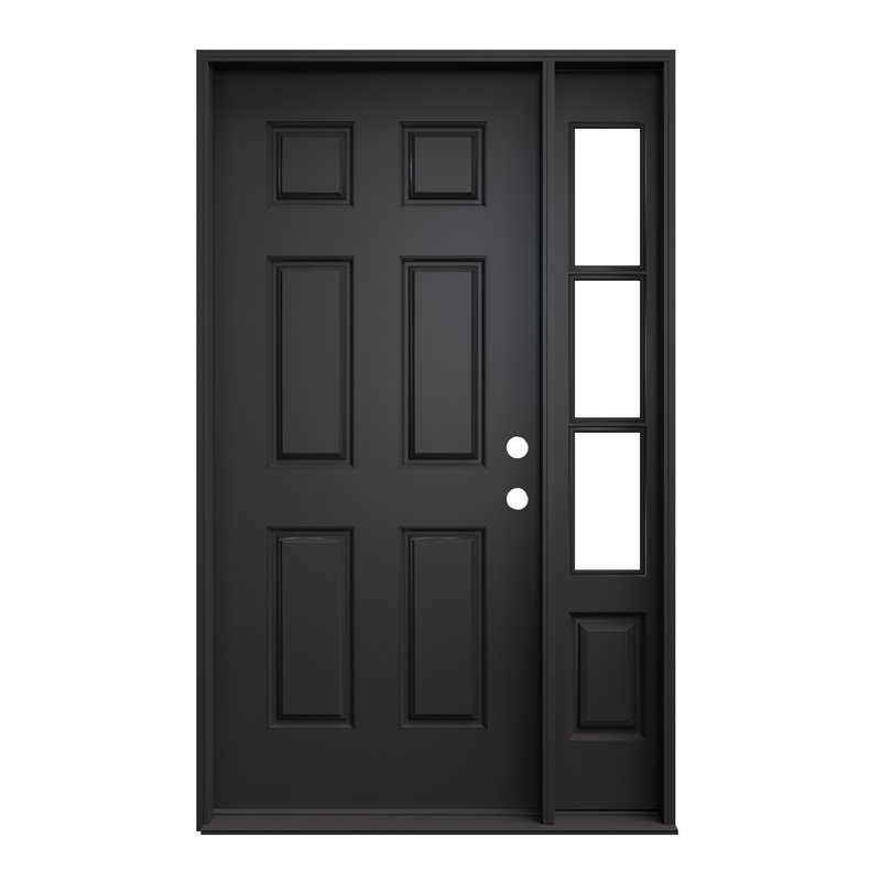 Entry Front Exterior Fiberglass Door 36" x 80" Painted Black 6-Panel Prehung Door Fixed Single Sidelite Black 3-Lite Clear Glass Door With Jamb, Left-Hand Inswing (Not Included Hardware Kit)