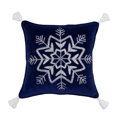 Embellished Woven Snowflake on Blue Velvet Throw Pillow 18" x 18"