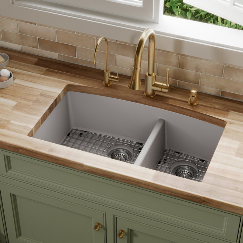 Karran Quartz 32'' X 19-1/2'' Double Bowl 60/40 Undermount Kitchen Sink Kit, Gray