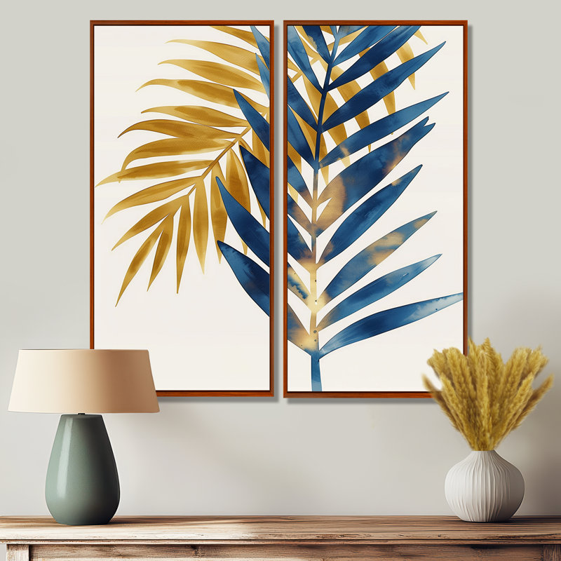2 feuilles de palmier bleues et dorées - impressions sur toile traditionnelles bleues, 2 pièces, H 20 po x l 24 po, Brun