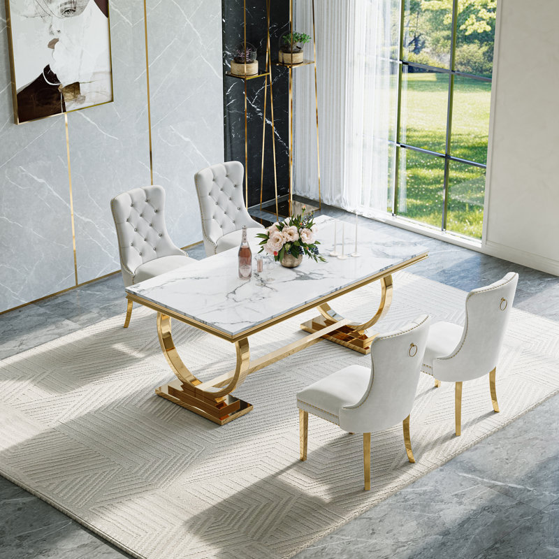 Ensemble de salle à manger moderne - table de 70 po avec base en acier inoxydable et chaises en velours, Blanc / Doré