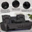 Fauteuil inclinable électrique 3 places en microfibre gris foncé, avec tablette rabattable, console, sans fil, éclairage DEL, coussins fermes, structure interne en bois, 2 ports d'inclinaison, accoudoirs rembourrés.