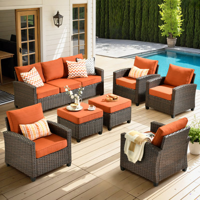 Lou 7 - Person Outdoor Conversation Set, Wicker Patio Sofa & Chair Set with Cushions