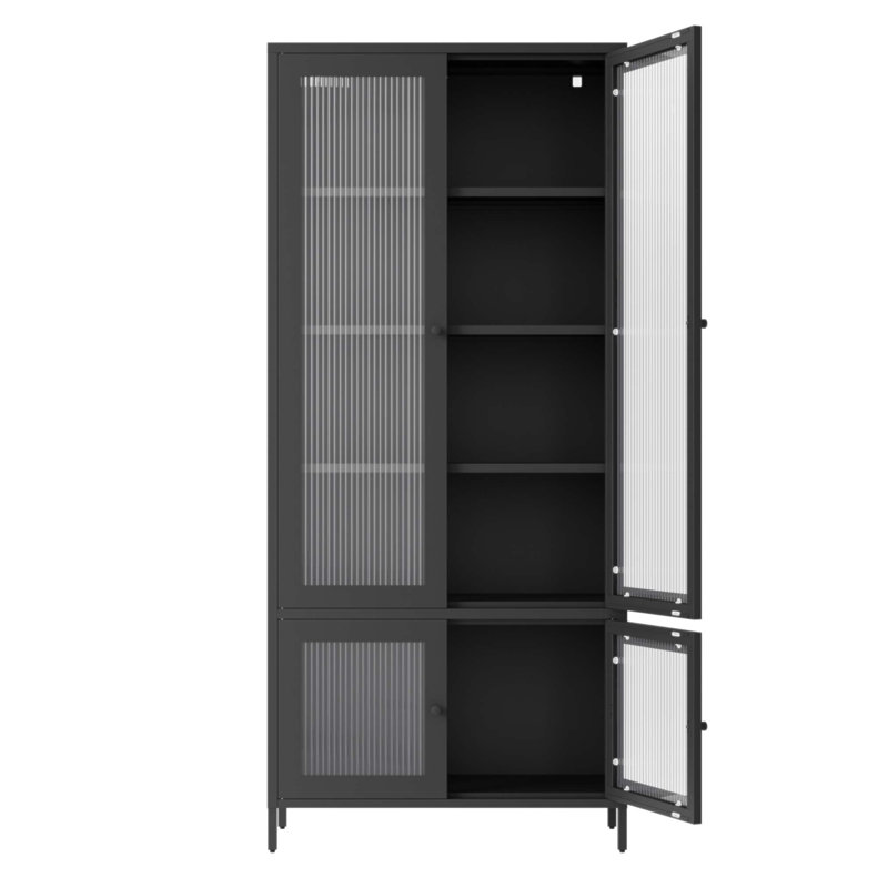 Grande armoire de rangement en métal avec 4 portes en verre et 5 tablettes, parfaite pour organiser et exposer vos objets de valeur