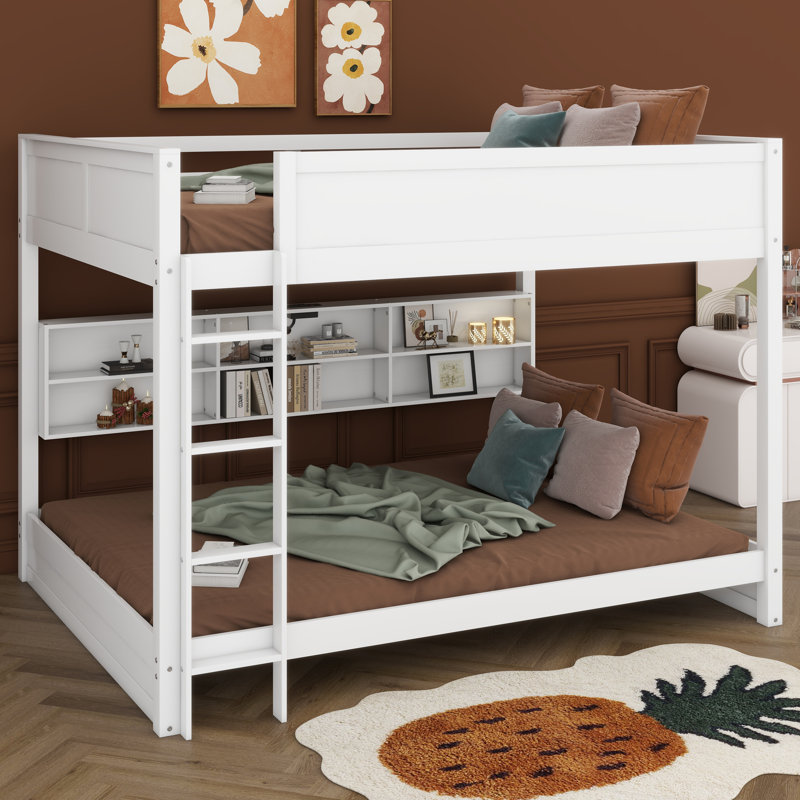 Lit superposé grand en bois avec armoires de rangement et ports USB, Blanc