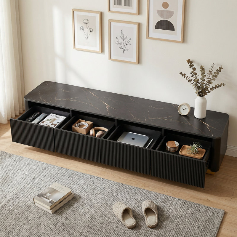 Meuble télé cannelé pour téléviseur de 85 po, console multimédia en faux marbre avec 4 tiroirs, meuble audio-vidéo moderne avec base dorée pour le salon, noir