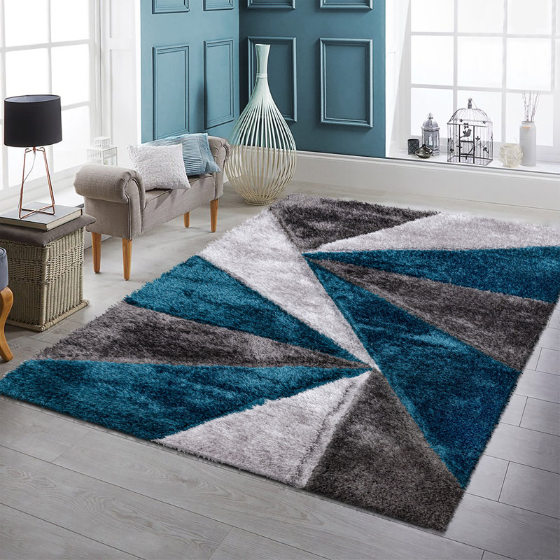Shaggy Geometric Rug – 100% Polyester Soft Pile Carpet, Colourfast, Water & Soil Repellent, Anti-Static Modern Living Room Rug