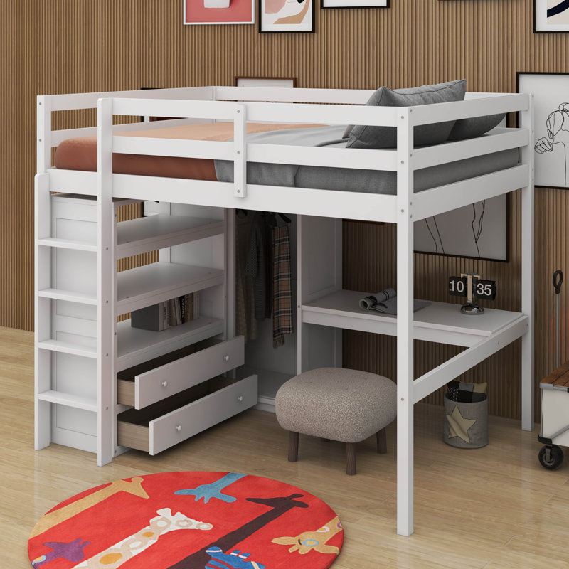 Lit mezzanine double avec bureau, tablettes et tiroirs, Blanc