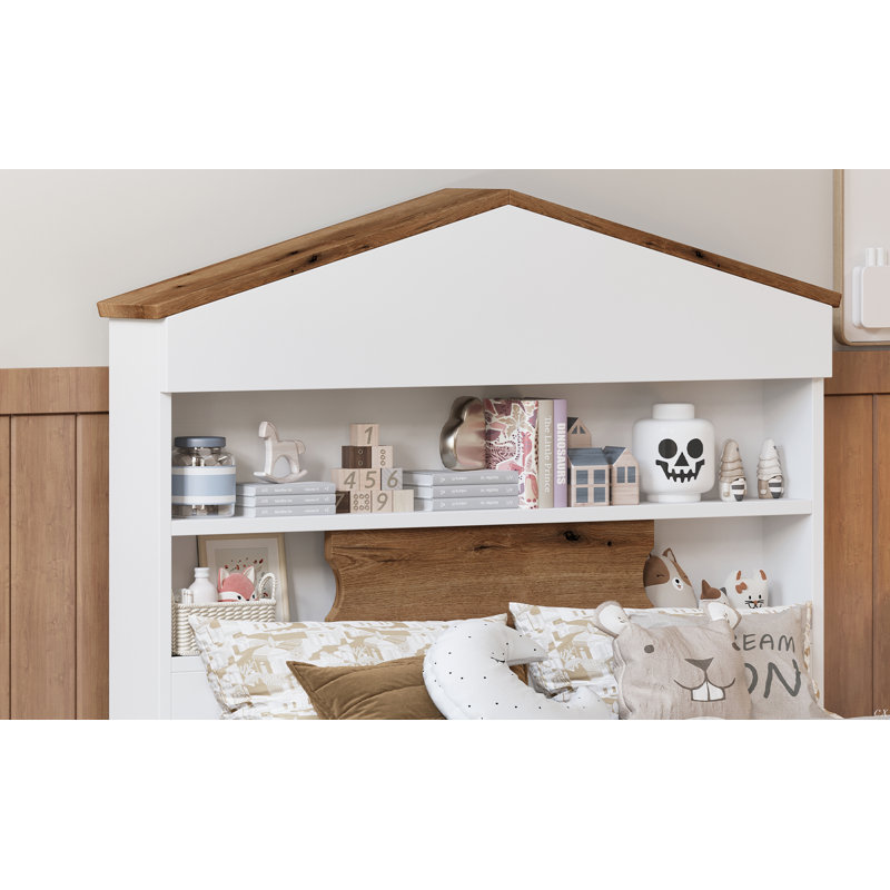 Twin Size House-Shaped Wooden Bed With Storage Shelf On The Headboard, Built-In Two Storage Drawers, Brown/White