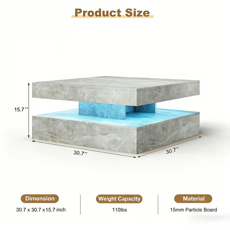 Table basse carrée avec DEL et rangement pour salon, H 15,7 po x L 30,7 po x l 30,7 po