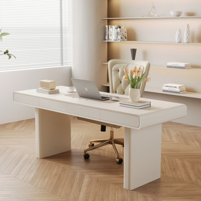 Modern Cream Writing Desk with 4 Drawers, 70.9" Rounded Edge Home Office Desk with Panel Legs, Minimalist Style for Bedroom & Study