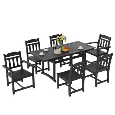 7 Pieces Patio Dining Set, Outdoor Rectangle Furniture Table And Chairs Set, All Weather Garden Furniture Table Sets, HIPS Patio Conversation Set, For Lawn, Deck, Backyard, Poolside, Black