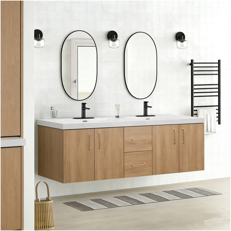 60 Inches Modern Bathroom Vanity Wall Mounted Floating Cabinets Doors Drawers, Gold Handles, Double Sinks, 60"