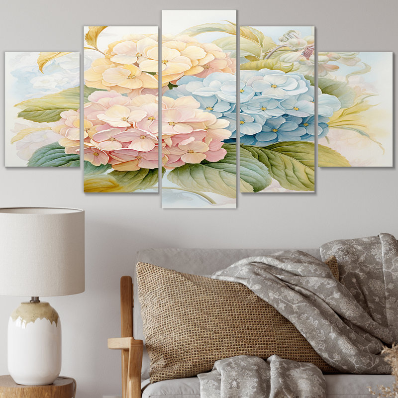 Rétro bouquet d'hortensias en pastel rétro II - art mural toile hydrangée - 5 panneaux