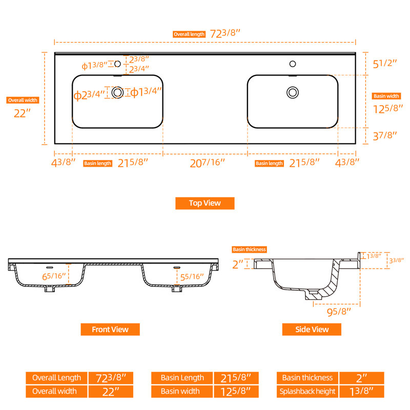 72 Inch Solid Surface Double Sink Bathroom Vanity Top with Integrated Dual Sinks, Bright White 2" Thick Modern Countertop, 1.38" Rear Backsplash, Smooth Minimal Design, Waterproof & Easy Install