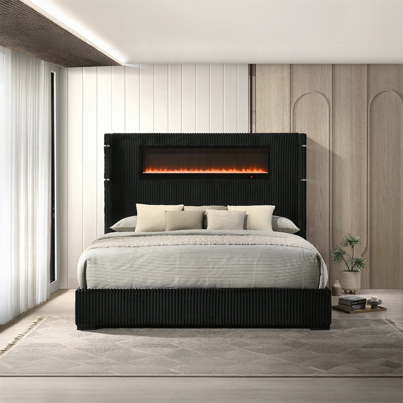 Lit Garner avec foyer, DEL, lampe de lecture, haut-parleur, Bluetooth et USB, Grand