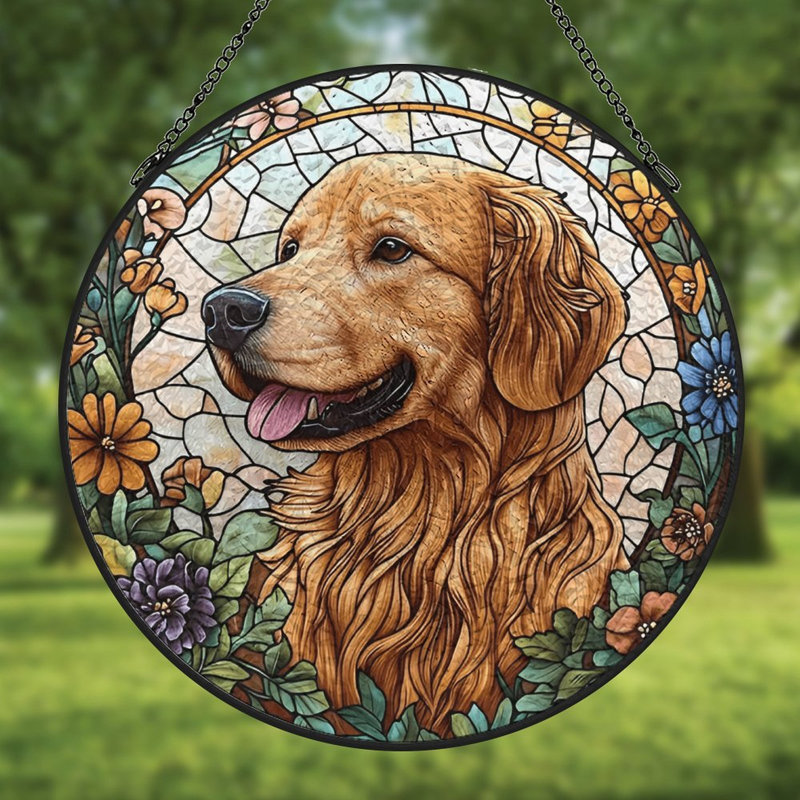 Golden retriever en verre coloré vitrail pour fenêtre, 6,3 x 6,3 po (16 x 16 cm)