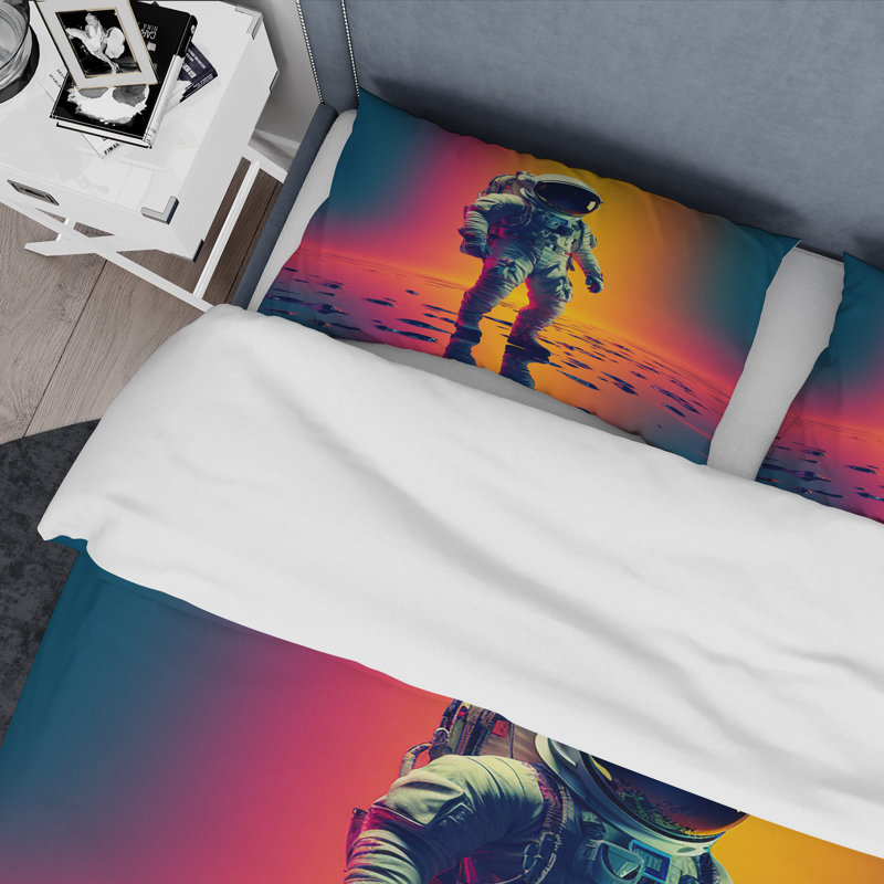 Pink Orange Astronaut Through Space II - Space Duvet Cover Set, King Duvet Cover