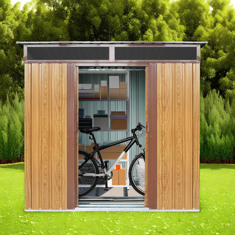 6 x 5 Ft Outdoor Metal Storage Shed with Foundation Frame, Sliding Double Doors and Clerestory Windows