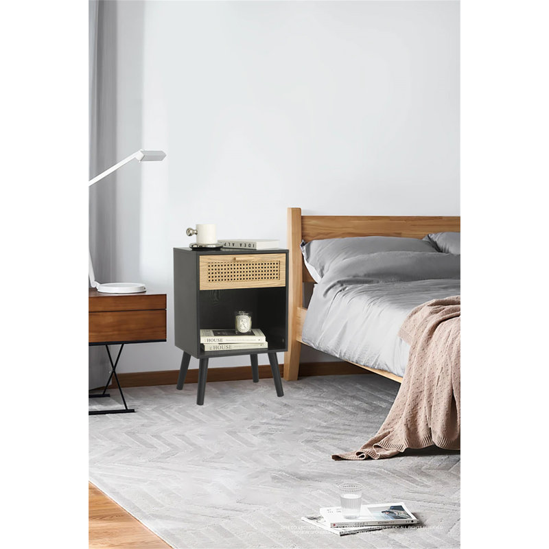 Modern Nightstand With Drawer – Small Rattan Bedside Table  Wooden Side Table, Black