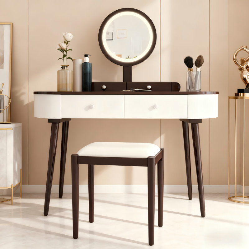 Vanity Table Set with LED Lighted Mirror, 3 Adjustable Lighting Dressing with Touch Switch, 4 Drawers, Cushioned Stool