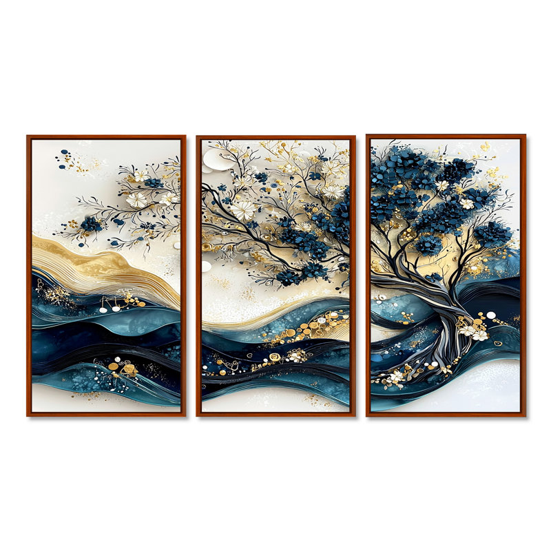 Bleu et blanc, arbre moderne en fleurs III - ensemble d'art mural cerisier en fleurs, Toile avec cadre flottant brun