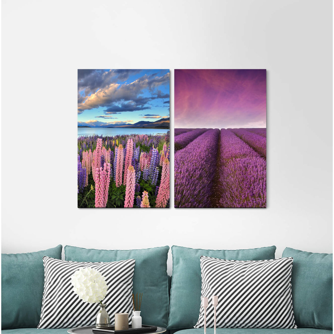 2-tlg. Leinwandbilder-Set - Fotografie „Flower Lavender Field Lake Horizon Landscape Positive Energy”