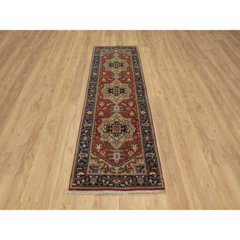 Tapis de couloir 2 pi 6 po x 8 pi rouge noué à la main avec motif Dileo néo-zélandais tissé à la main et tissé plus dense