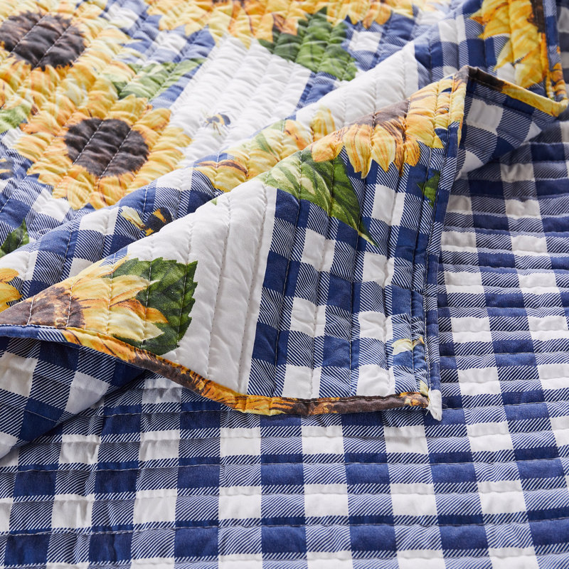Sunflower and Blue Gingham Twin Microfiber Reversible Quilt Set