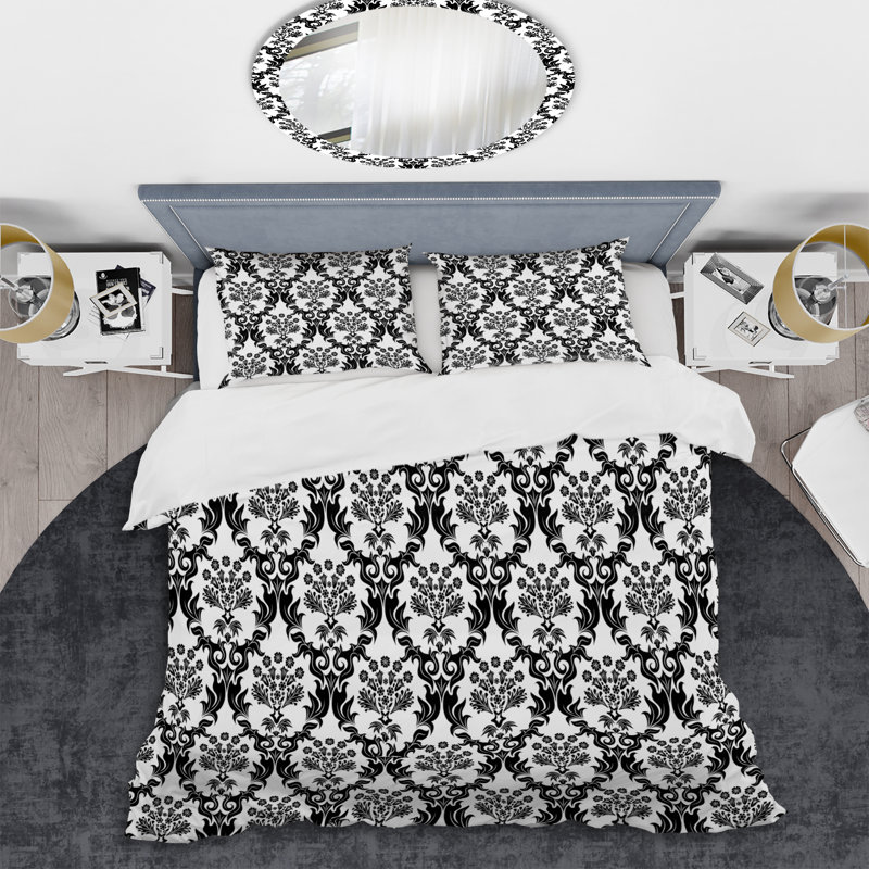 Damas noir et blanc - ensemble de housse de couette abstrait - microfibre de polyester