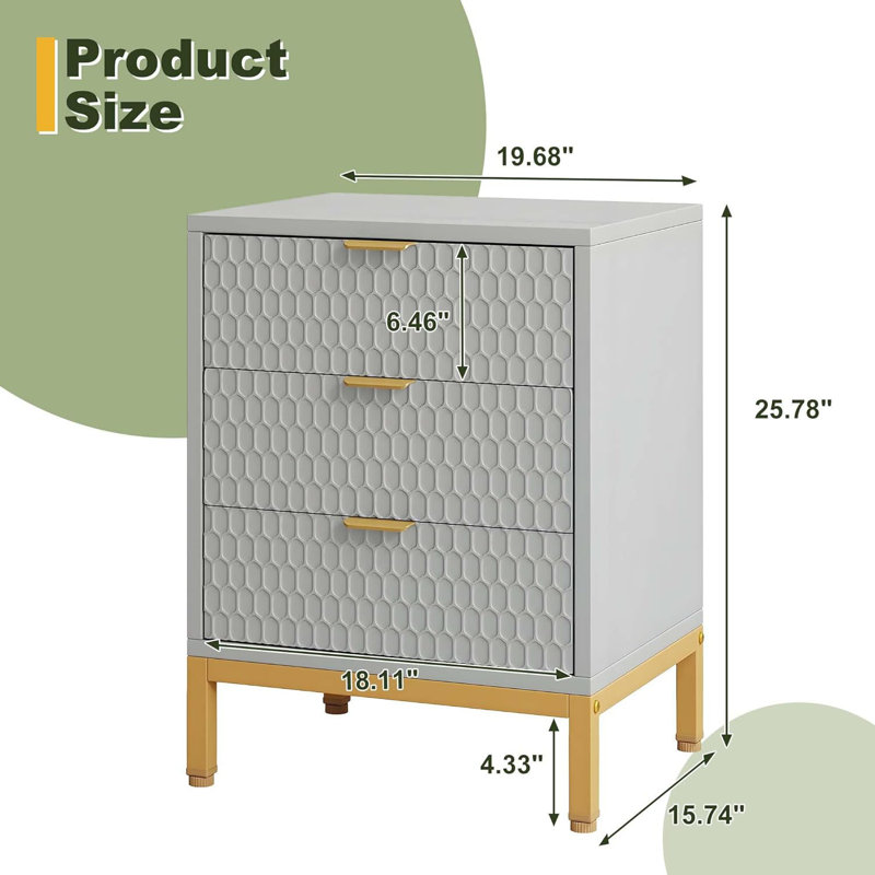 25.8" Tall Nightstand With 3 Drawers,Modern Beside Table With Metal Handles And Metal Legs,Honeycomb Hexagon Pattern Decorate Side Table For Bedroom