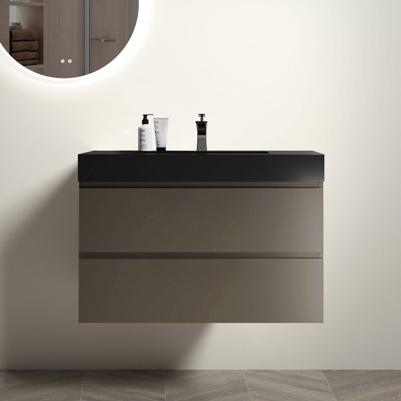 Meuble-lavabo de salle de bain avec lavabo, grand meuble-lavabo flottant mural de rangement, lavabo blanc une pièce sans drain ni robinet, pré-assemblé