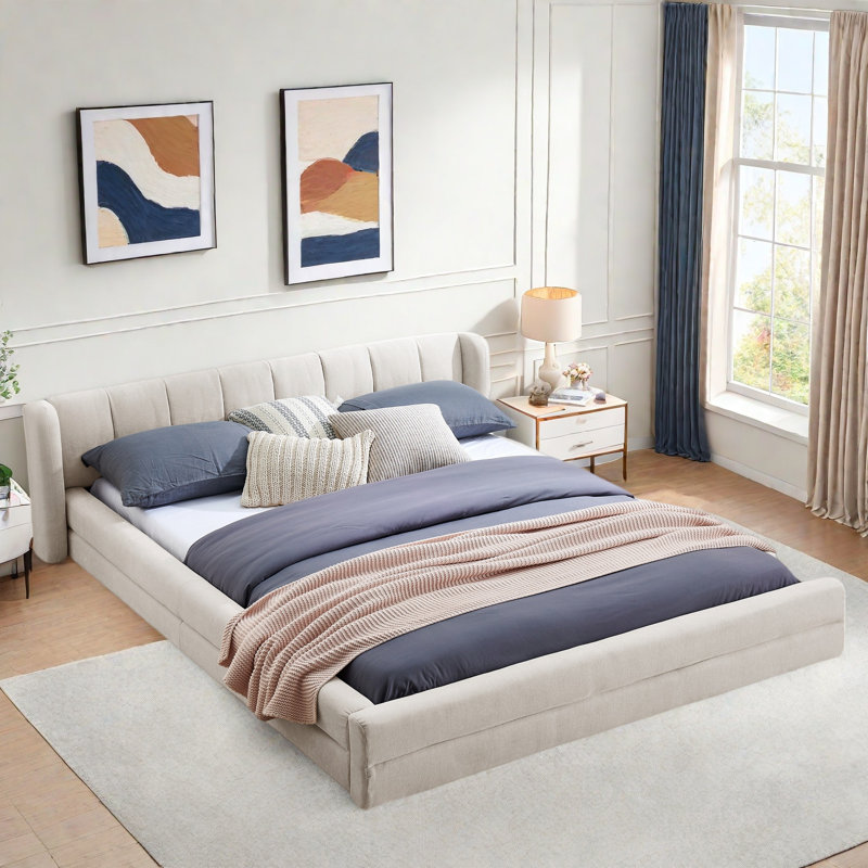 Lit plateforme tapissier moderne avec tête de lit à rayures verticales Modern, Beige