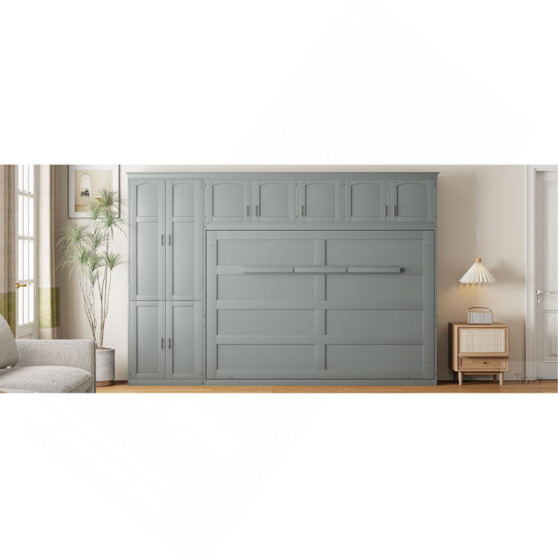 Grand lit escamotable mural avec armoires, gris