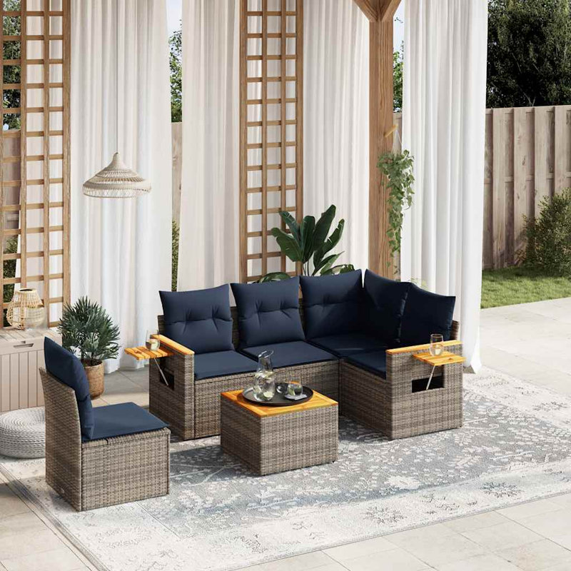  6 Piece Patio Sofa Set With Cushions Grey Poly Rattan (US Only)
