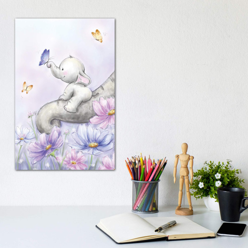 Elephant With Butterfly by Makiko - Painting, Wrapped Canvas, No Mat, 12" H x 8" W x 0.75" D