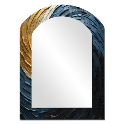 Gold Teal Minimalism Spiral Poteries I - Abstract Spirals Arch Decorative Mirror, Modern Asymmetrical Wall Mirror, Printed Metal Art