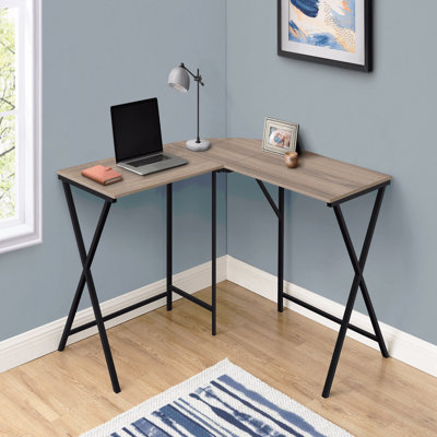 Bureau d'ordinateur, bureau personnel, coin, L 55 po, forme en L, travail, ordinateur portable, stratifié brun, métal noir, contemporain, moderne