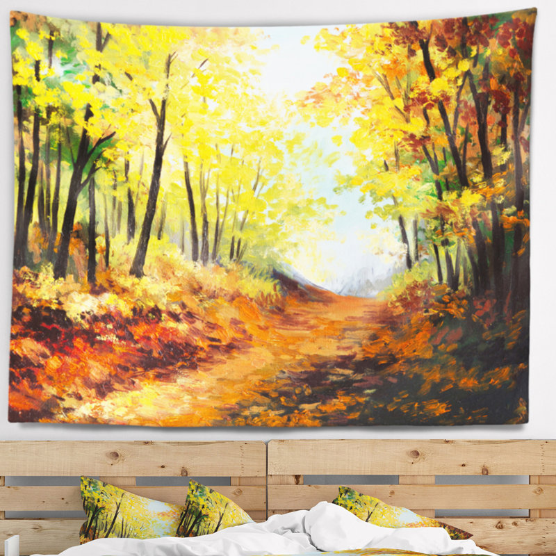 Tapisserie de sentier de forêt d'automne de paysage, H 32 po x l 39 po