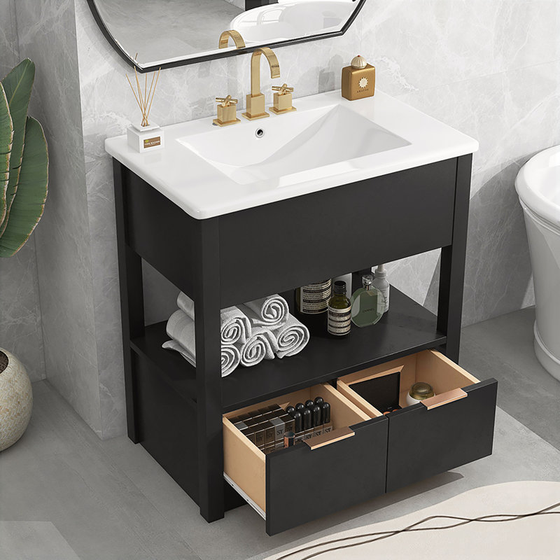 Meuble-lavabo simple 30 po avec plateau en céramique Audenried, Or, Noir