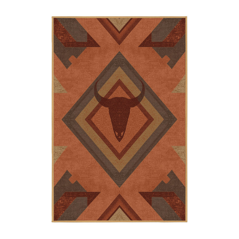 Machine Washable Orys Rustic Geometric Rug in Brown – LightBrown Binding, 7 x 10