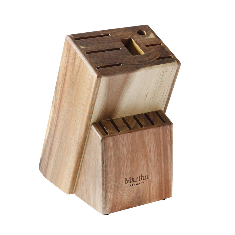 Linen White 14-Piece Stainless Steel Knife Set with Acacia Block