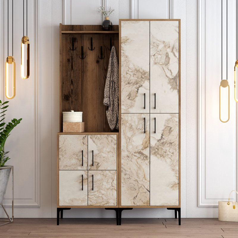Modern Hall Stand with Coat Rack, Walnut & White Finish, 47.2 x 78.7 x 13.8 Inches | 100% Melamine Coated Particle Board, Metal Legs, Plastic Handle | Versatile Wall-Mounted Design with Numerous Shelves for Home Organization
